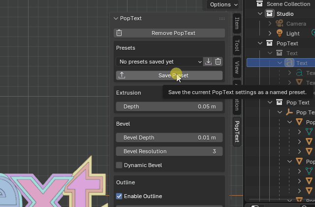 PopText presets panel screenshot